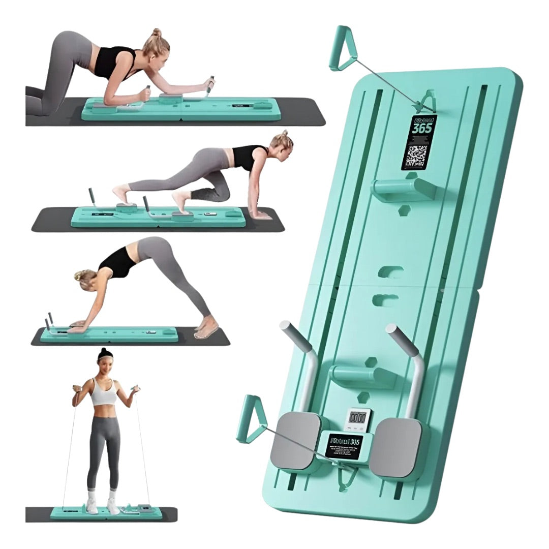 Tabla de pilates plegable ALVA verde con bandas de resistencia — entrenamiento funcional en casa